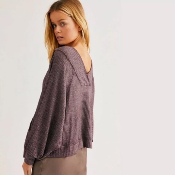 Free People Thermal Off Shoulder Blouse Washed Purple Oversized Fall, Size M - Picture 4 of 13